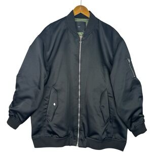 MNG Mango Mens Black Bomber Jacket L Oversized Quilted Lined‎ MA-1 Zip Sleeve